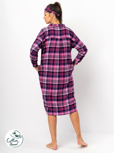 Camicia da donna Key LND 490 in flanella di cotone fucsia, manica lunga, bottoni