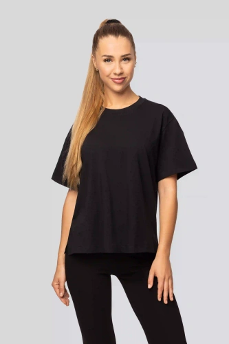 T-shirt urbana in cotone nero da donna - Manica corta, taglio classico, alla moda con spacchetti | Materiale di alta qualità, elasticità