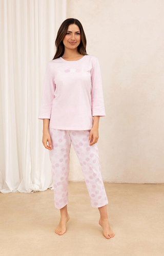 702 Pigiama Regina in cotone rosa - donna, manica 3/4, pantaloni 7/8 fantasia