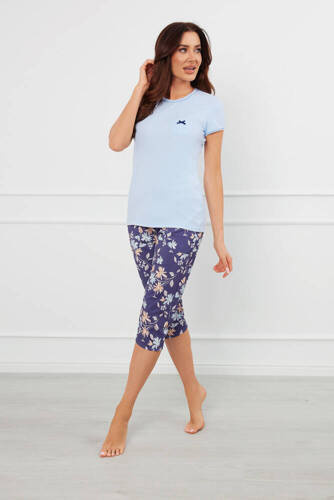 Pulia Pigiama da donna a maniche corte, pantaloni 3/4 Moda italiana - blu/stampa