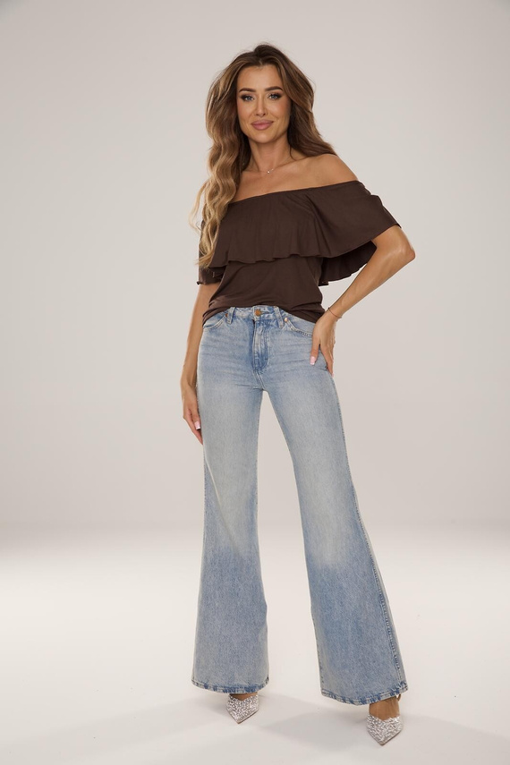 Blusa spalle scoperte De Lafense 060 Paloma leggera estiva con volant - cioccolato