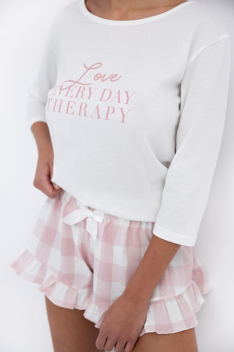 Emily Sensis - Pigiama da donna in cotone | camicia a 3/4 e pantaloncini a quadri con volant