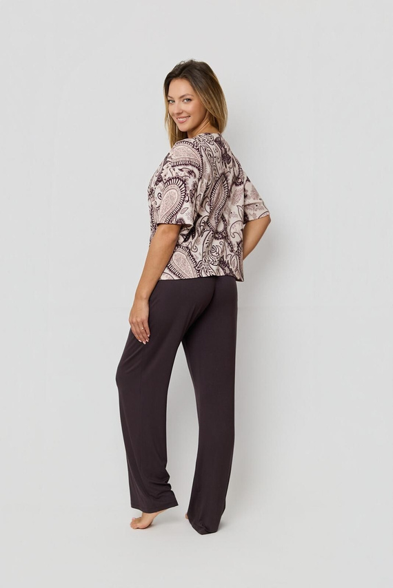 Pigiama Iris PW72 Mefemi di Nipplex - T-shirt marrone in cotone + pantaloni lunghi a fantasia, comodo pigiama premium da donna