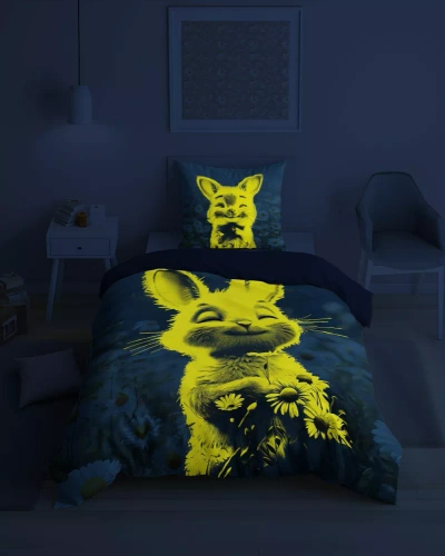 5548 A Fluo 95 Biancheria da letto coniglietto fosforescente a fiori 100% cotone | Per bambini Detexpol