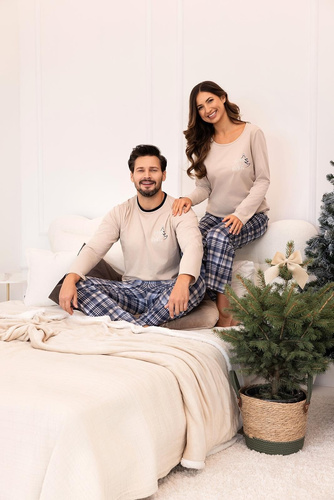 Pigiama da donna Regina 743 in cotone beige, lunghezza. manica, stampa, pantaloni a quadri
