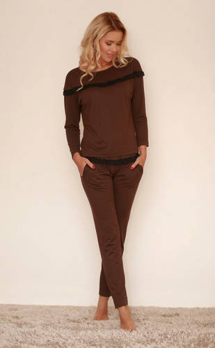 Pigiama donna Kalimo Calpe lunga in viscosa con volant e tasche - brown