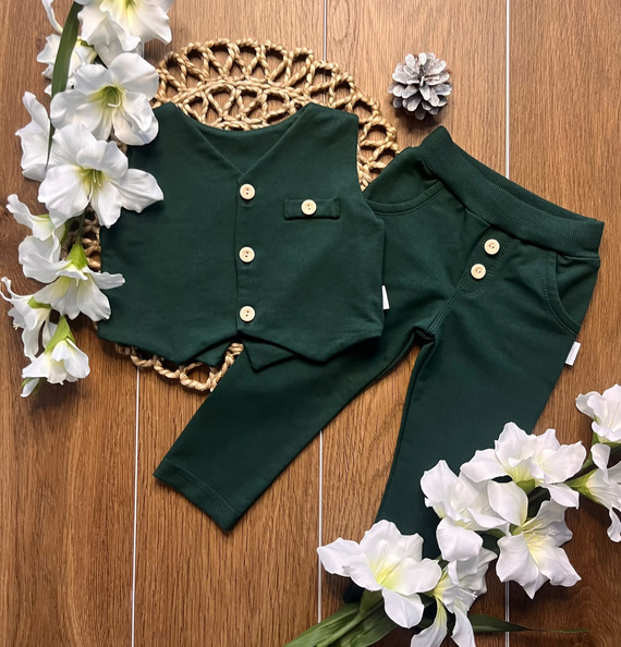 Mamatti KC014 completo bambino verde in cotone con gilet e pantaloni con bottoni
