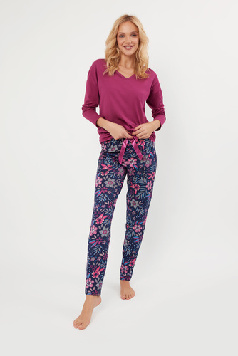 Pigiama donna Folk manica lunga, pantaloni lunghi Moda Italiana - mora/stampa