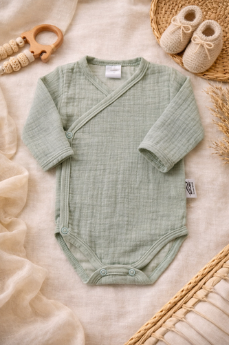 Body in mussola Just Muslin 03235M Makoma menta - manica lunga, chiusura a busta, 100% cotone
