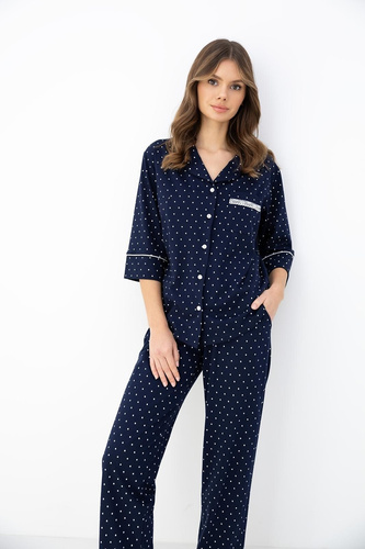 Pigiama donna Sensis blu navy 100% cotone colletto bottoni manica 3/4