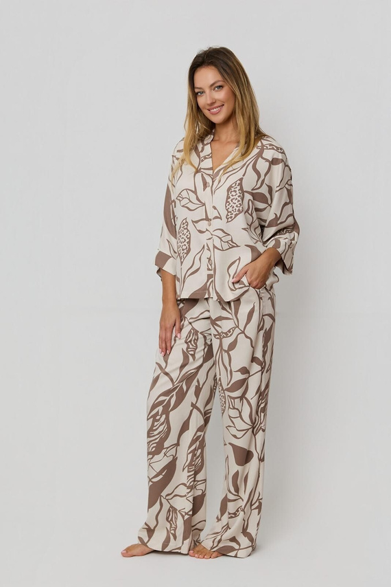 Pigiama da donna Luna PX63 Mefemi by Nipplex moka - 100% viscosa, stampa vegetale, bottoni, pantaloni lunghi | Comfort premium