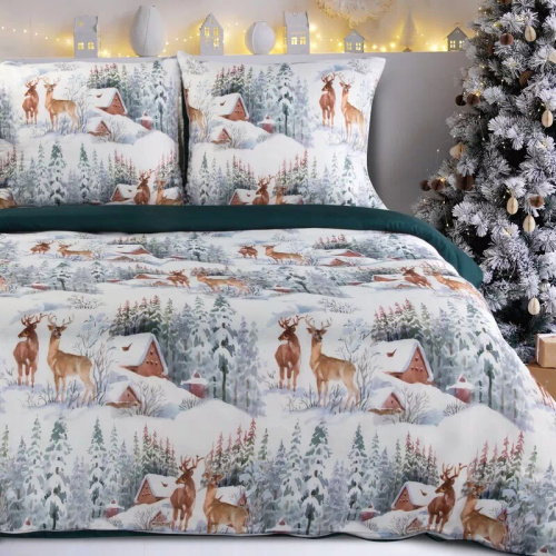 Biancheria da letto natalizia Fairyland in microfibra Eurofirany verde paesaggio invernale - morbida, leggera e facile da curare, con chiusura a zip