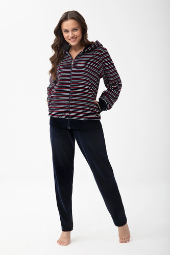 Tuta in velluto da donna Luna 1307 in cotone con cappuccio e zip - blu navy