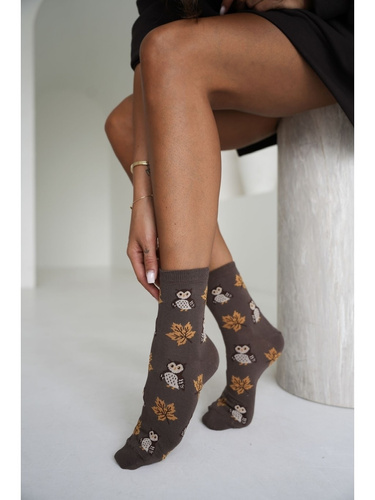 Milena 0200-267 calze donna in cotone con gufi e foglie cappuccino