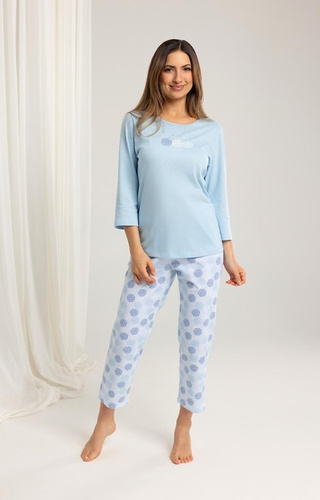 702 Pigiama Regina in cotone blu - donna, manica 3/4, pantalone 7/8 fantasia