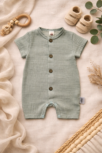 Baby Rampers Just Muslin 02235RM Makoma menta 100% cotone, manica corta