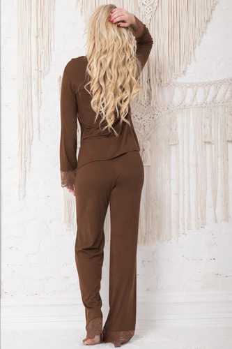 Pigiama donna Kalimo Penang in viscosa, lunga, aperta con pizzo - brown mono