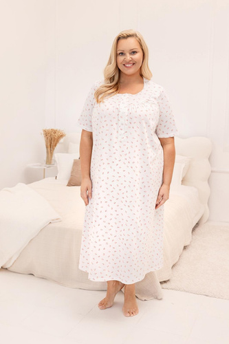 019 Regina Camicia da notte rosa - lunga, in cotone, con scollatura con bottoni