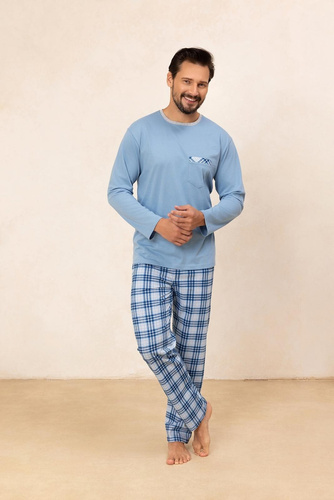 Regina 488 - pigiama da uomo blu in cotone a maniche lunghe, taglio classico