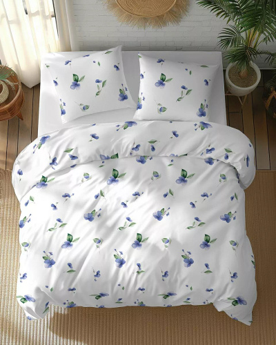 5769 B Cotone Bloom Detexpol biancheria da letto bianca con fiori blu e foglie verdi - 100% cotone, double face, produzione polacca