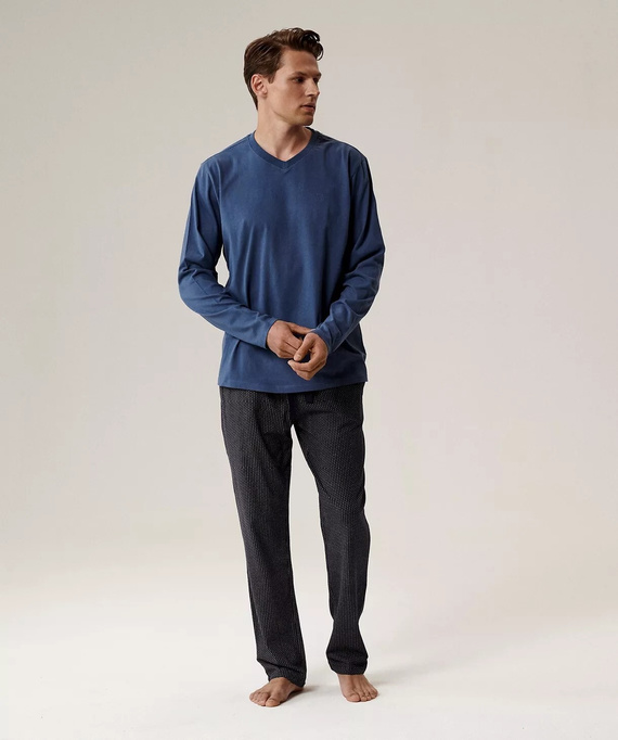 Pigiama da uomo NMP-389 Atlantic - cotone blu, manica lunga, set elegante per le notti fredde