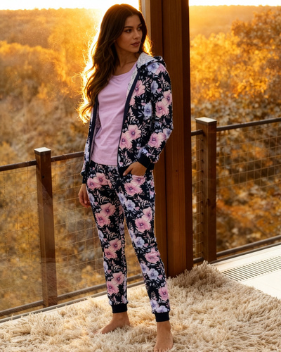 355/464 Pigiama da donna Maddie Cornette - 3 pezzi blu navy con camicetta con fiori e felpa con cappuccio
