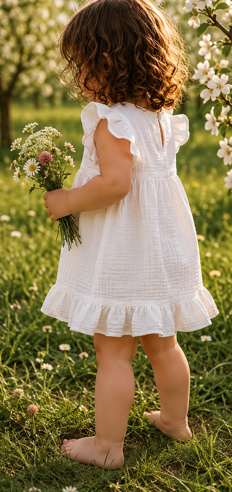 Mamatti SA50402 vestito bambino in mussola bianco, leggero e traspirante