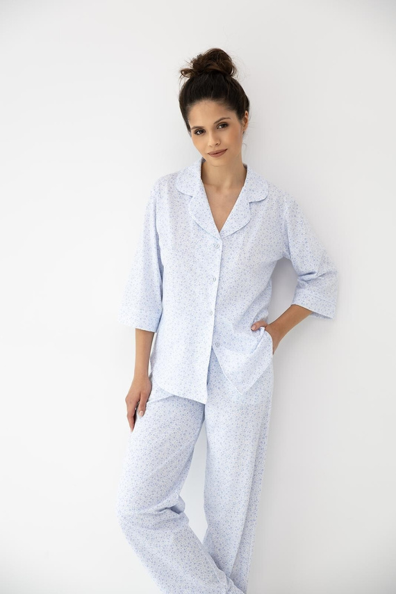 Pigiama da donna Sensis Paloma bianco blu - 100% cotone pregiato con stampa floreale, abbottonatura, colletto, pantaloni lunghi, eleganza e comfort durante il sonno