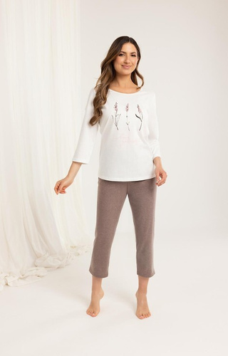 Pigiama 703 Regina in cotone ecru - donna, manica 3/4, pantalone 7/8, stampa floreale