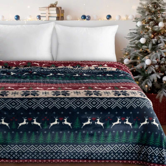 Coperta natalizia Eurofirany blu navy rosso con motivi scandinavi - morbido copriletto in microfibra, 240 g/m²