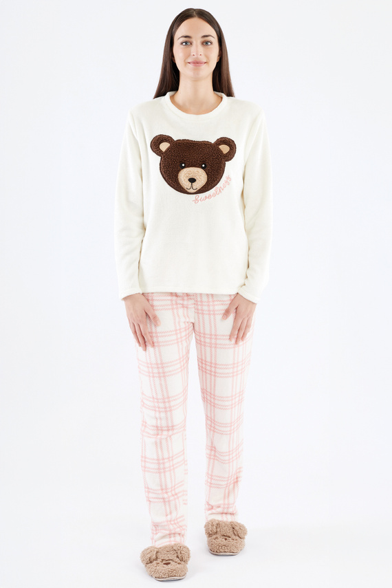 Pigiama donna Madlen Sorbetto ecrù - in pile, con ricamo orsetto e pantaloni a quadri