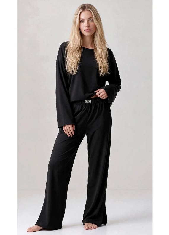 Pigiama donna Luna 1312 100% cotone oversize pantaloni larghi homewear - nero