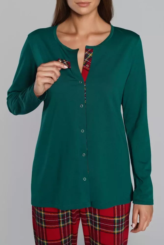 Pigiama da donna Zorza a maniche lunghe, pantaloni Moda Italiana - verde/stampa