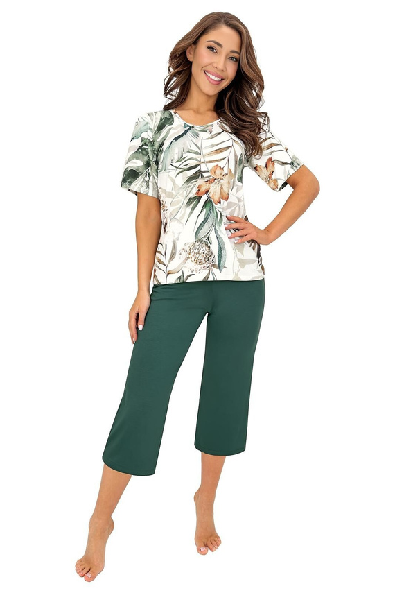 Donna Olivia 3/4 Pigiama Donna in Viscosa Ecru-Verde Pantaloni 3/4