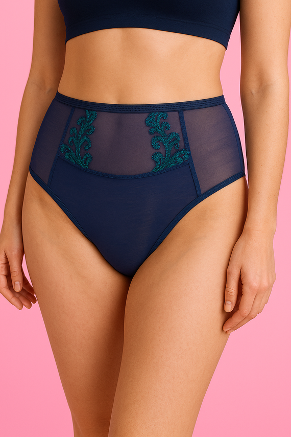 Mutandine da donna VF-474 - a vita alta, in pizzo, comfort Vena blu navy-verde