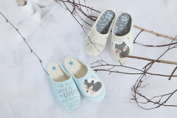 Fixy Sorbetto blu - pantofole calde da donna con suola antiscivolo e stampa