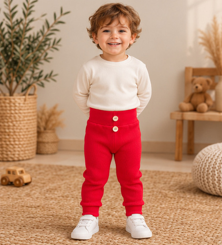Leggings da bambino LC015 rossi in cotone a coste con bottoni in legno