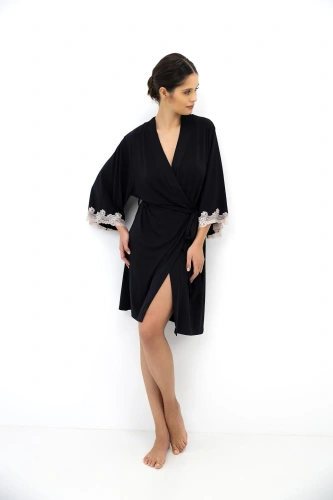 Accappatoio donna Sensis Dione in bambù con pizzo, manica 7/8, con cintura