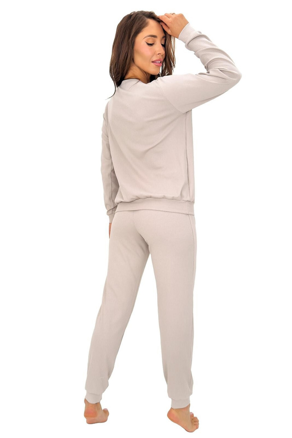 Donna Home Long Pigiama Donna Cotone Costine Manica Lunga e Pantaloni Beige