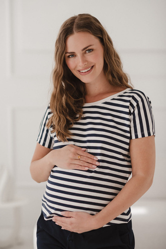 Camicetta per gravidanza e allattamento Two Ways - manica corta, comoda Milk&Love a righe bianche e blu navy