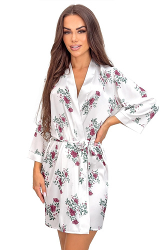 Accappatoio corto Julia ecru donna – satin, stampa floreale, cintura in vita