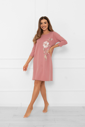 Camicia da notte da donna Akita - cotone, manica 3/4, applicazione floreale Moda italiana