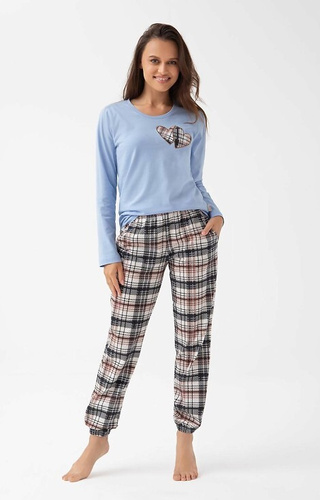 322 Luna blu - pigiama donna in cotone, cuori, manica lunga, pantaloni a quadri
