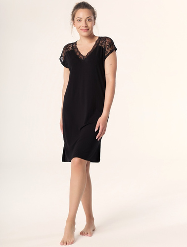 Camicia da notte Petra KB59 Mefemi Nipplex nero - viscosa, pizzo, manica corta, prima del ginocchio