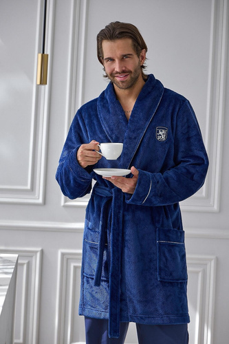 L&L Elegant 2664 Accappatoio Uomo Corto in Tessuto Waffle Morbido con Colletto navy
