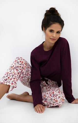 Pigiama da donna Heidi Sensis - 100% cotone, camicia bordeaux, pantaloni a fiori