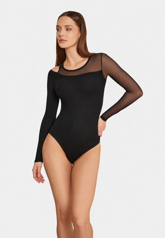 Body donna Teyli 2458 nero in viscosa, manica lunga e tulle