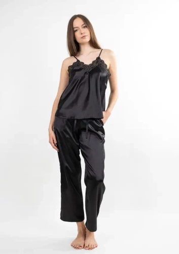Pigiama in raso Tila nero Dkaren - top e pantaloni lunghi abbigliamento da notte donna