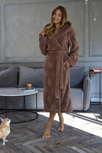 L&L Fibi 2635 Accappatoio donna lungo con cappuccio morbido impronte di zampe di cane - cioccolato