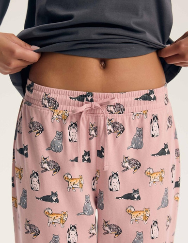 Pigiama da donna Henderson Ginni 45419 100% cotone manica lunga gatti grigia